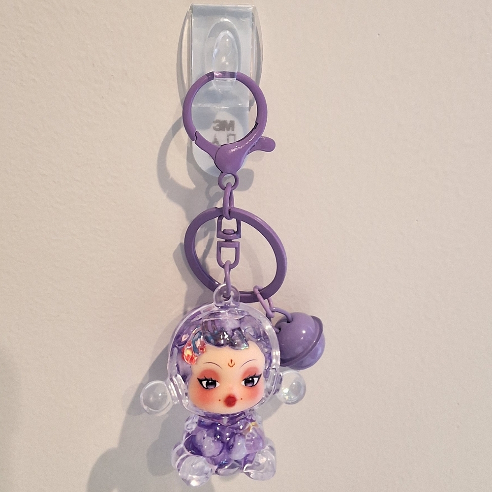 Skullpanda Purple Beaded Liquid Filled Shaker Keychain Bag Charm With Bell, NEW